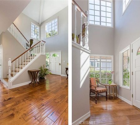 Two images showing a foyer and staircase, highlighting the architectural design and layout of the space.