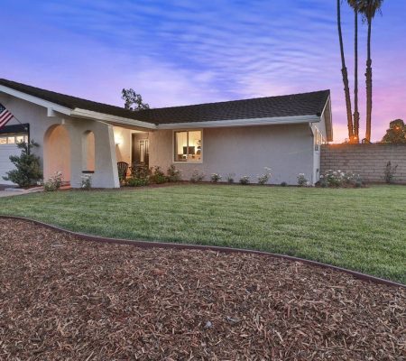 A house with a driveway surrounded by palm trees, showcasing a sunny and tropical atmosphere.